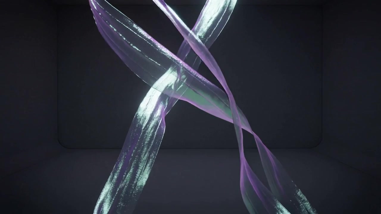 Twisting two sheer ribbons tightening in chamber, camera moving closer, showing lavender cyan sheen