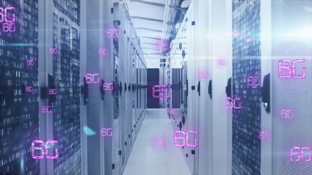 Animation of multiple 6g text against mosaic squares over computer server room