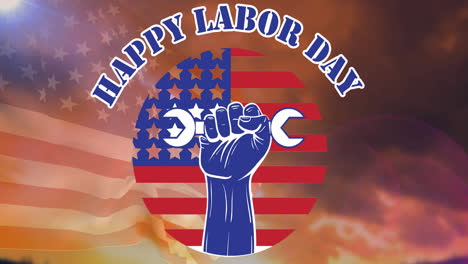 animation of happy labor day text over flag of united states of america