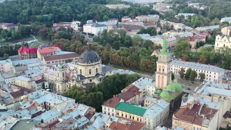 aerial of a church in lviv ukraine on a summer day surrounded by european city buildings near rynok square