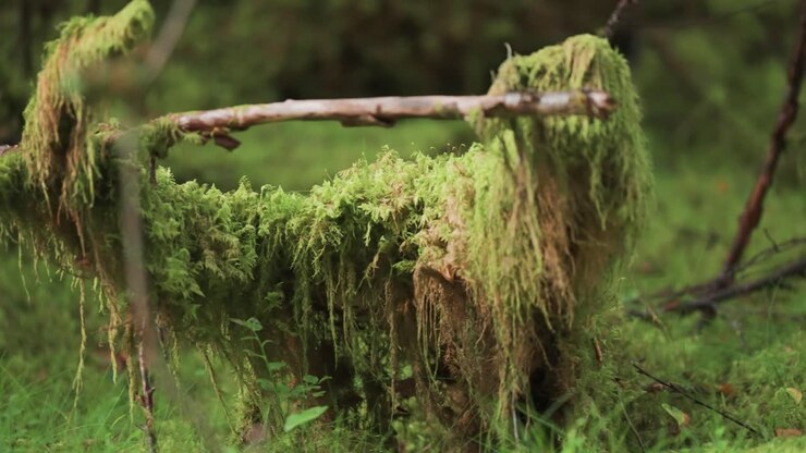 Rami e radici aggrovigliati dell'albero caduto, coperti di muschio lussureggiante e pendente, nella foresta incantata