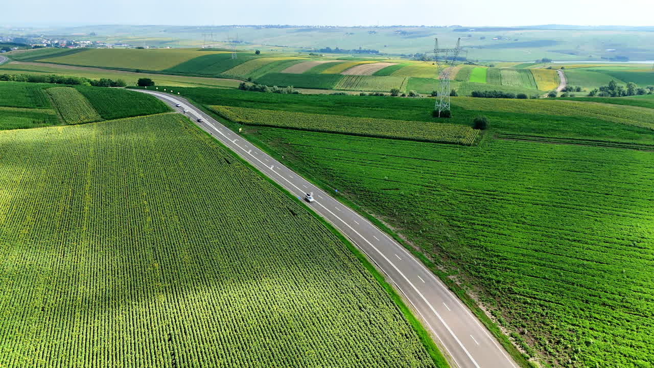 Road winding through lush green fields. Vehicles travel along a curved road surrounded by expansive green fields under a clear blue sky