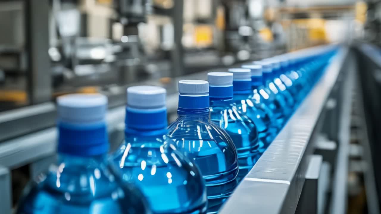Water bottles on the production line in factory
