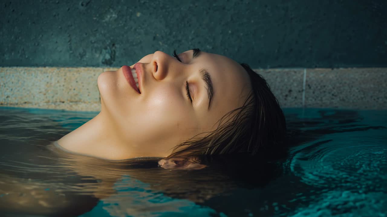 Donna adulta che galleggia, respira, accennando un sorriso sottile mentre cerca la calma in piscina, con un orecchino a bottone visibile.