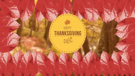 Happy-thanksgiving-day-text-banner-and-frame-of-autumn-leaves-against-forest