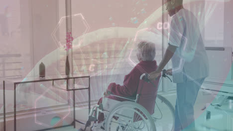 animation of dna strand and chemical formula over diverse doctors treating patients in hospital