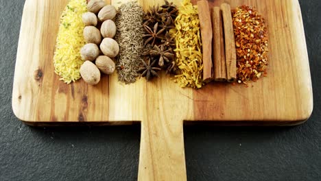 Various-spices-arranged-in-row-on-wooden-tray-4k