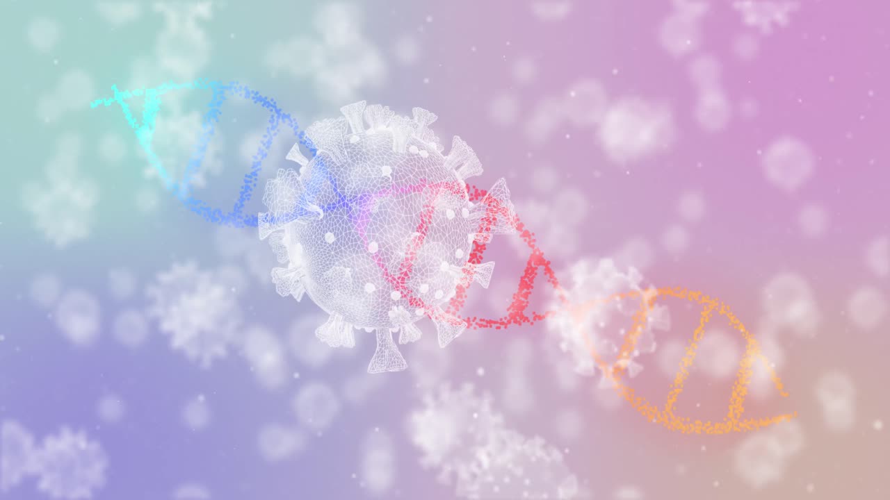코로나19 세포가 dna 구조 위에 떠다니며 보라색 그라디언트 배경에서 회전합니다.