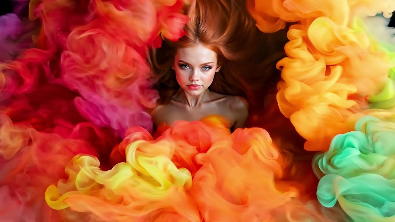 una mujer con el cabello rojo largo acostada en una cama de humo de colores
