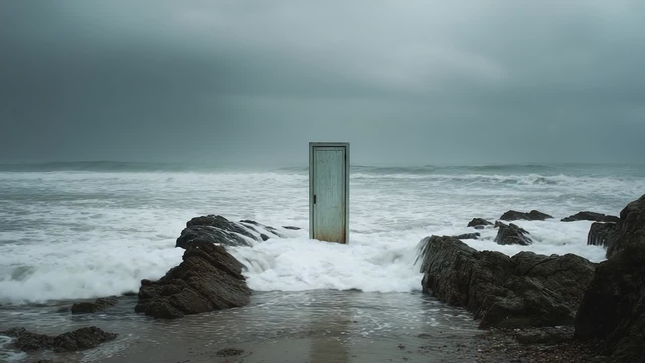 Mysterious door standing alone in stormy ocean waves by rocky shore