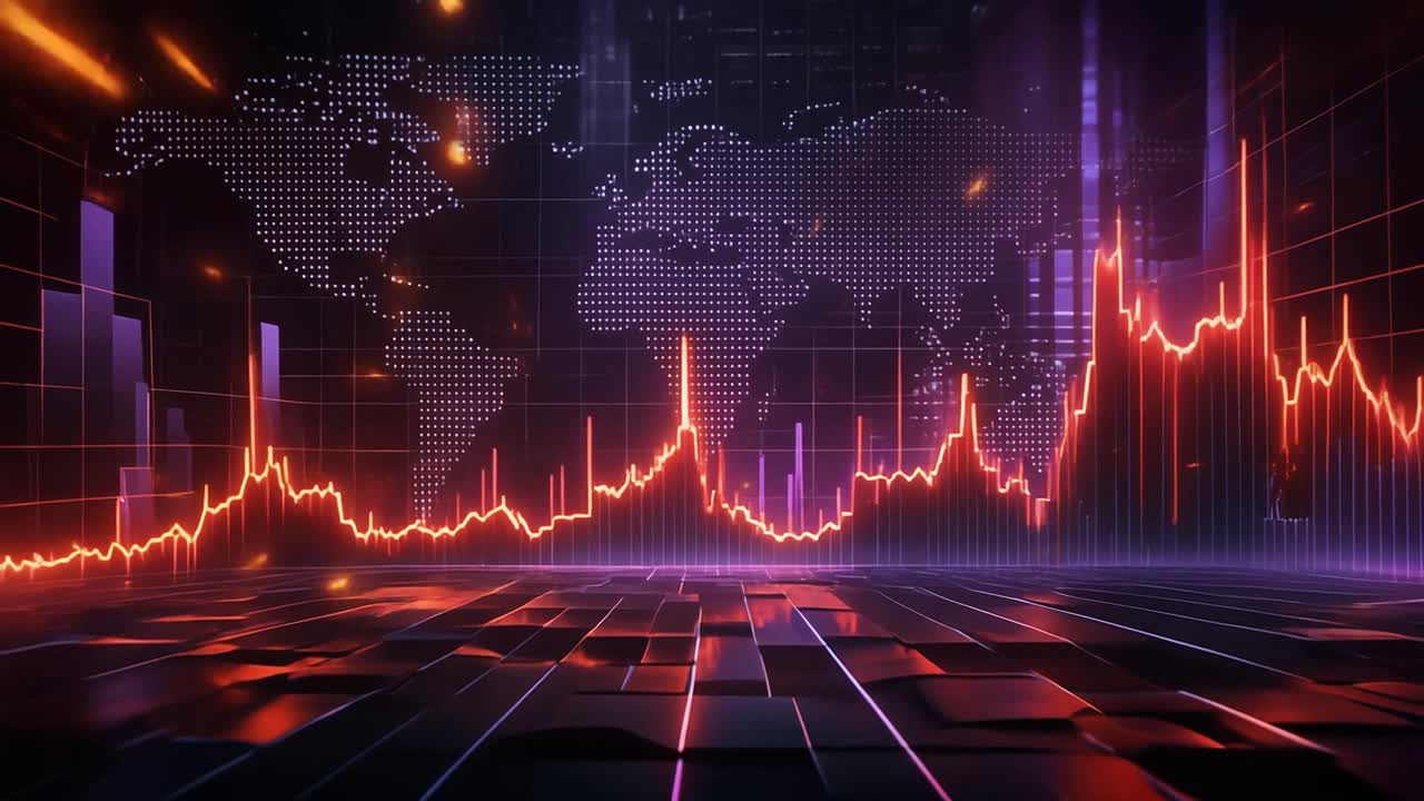 Mappa globale animata con grafici di dati finanziari fluttuanti