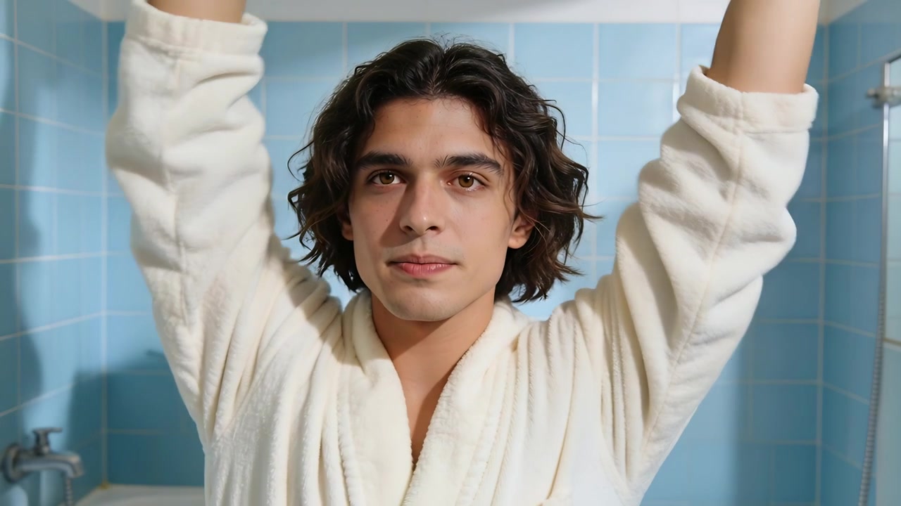 Performing stretches for camera, man in white robe raising arms, adjusting collar in blue tiles