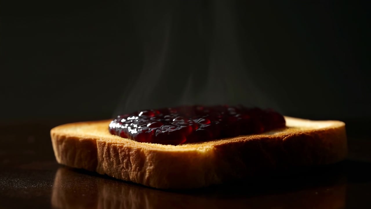 toasted bread with jam, steam rising from a reflective surface in a dark setting, top-down perspective, warm and inviting breakfast food morning scene, commercial natural light, clean copy.