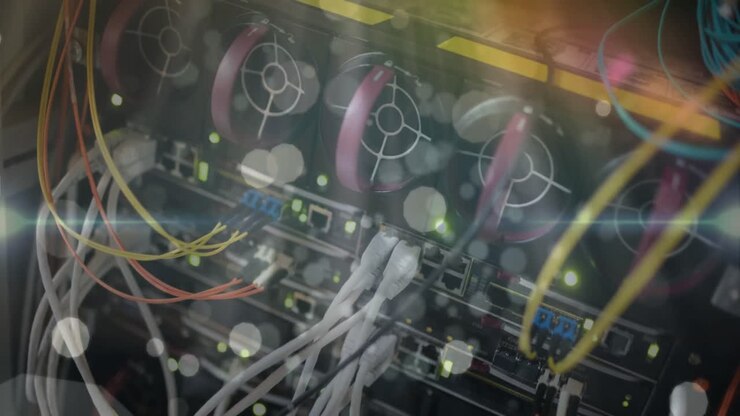 Animazione di punti e luci su cavi di computer