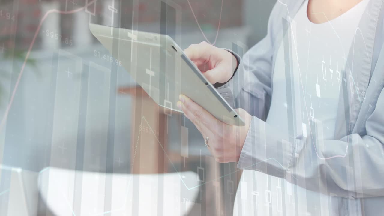 animación de gráfico con procesamiento de datos sobre mujer caucásica usando tableta