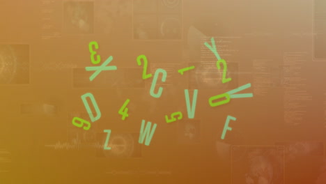 animazione di numeri e alfabeti mutevoli contro l'elaborazione dei dati contro uno sfondo gradiente.