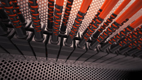 close-up of fiber optic cables in a server rack