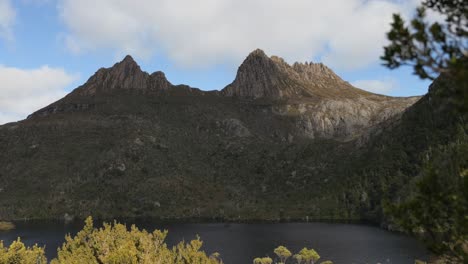 fixed shot of cradle mountain, tasmania with dove lake in foreground