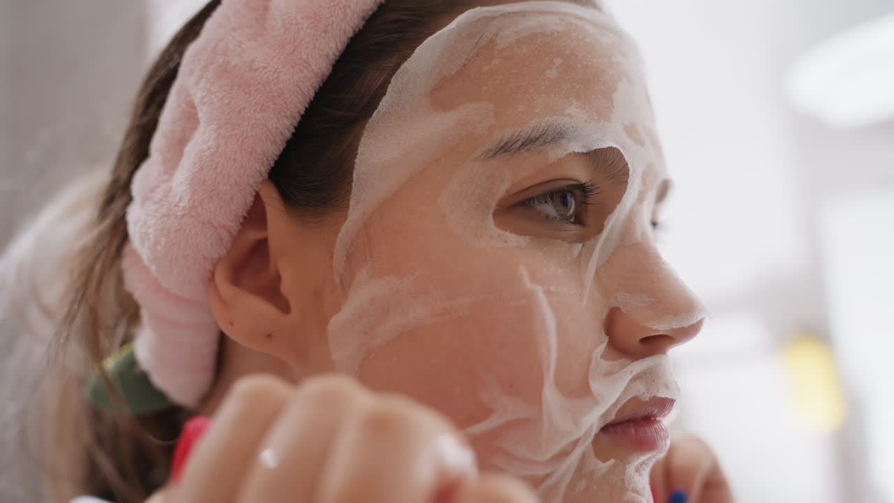 Woman Applies Cleanser Calmly, Individual With Colorful Nails Performs Facial Cleansing With Soft Lather, Girl With Vibrant Nails Experiences Soothing Home Spa Routine In Front Of Mirror