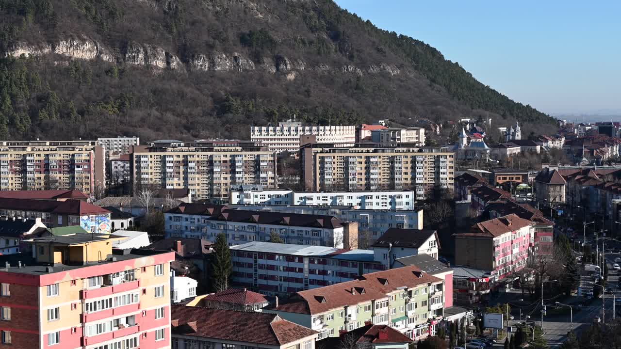 Aerial drone view of Piatra Neamt, Romania on a sunny day
