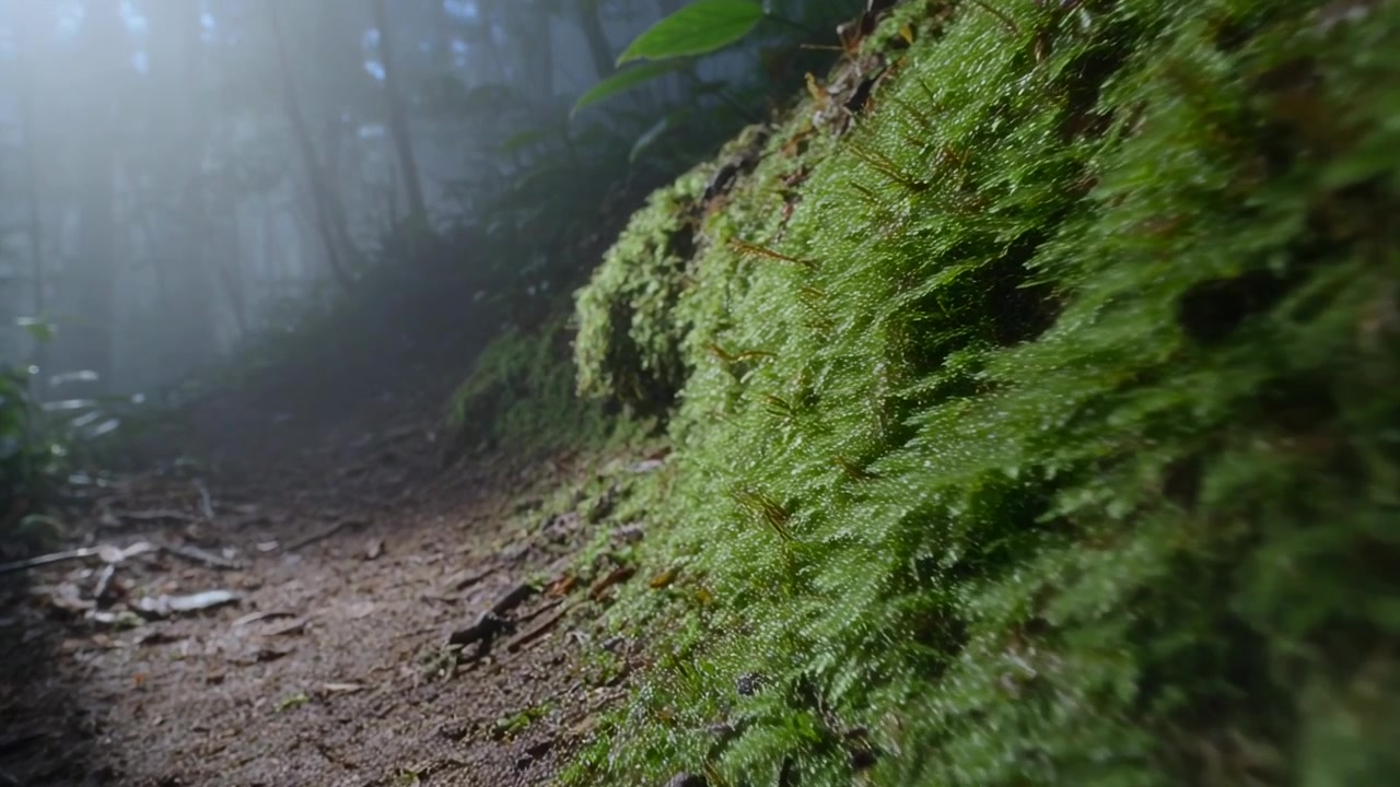 Movimento di avvicinamento della telecamera che rivela un argine coperto di muschio su un sentiero nel bosco, mostrando goccioline di rugiada e radici.