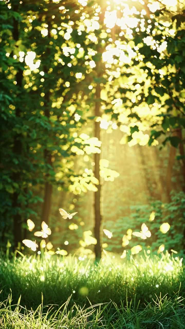 A serene forest scene with sunlight filtering through trees, butterflies fluttering