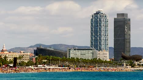 beaches and architecture of barcelona city.time lapse.