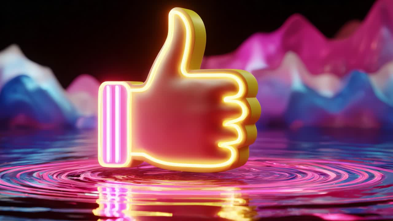 Lysande tummen upp: En vibrerande neonhandgest som symboliserar godkännande och positivitet, formad mot en fylligt färgad, böljande vattenbakgrund med slående rosa och blå vågor som skapar en estetisk display