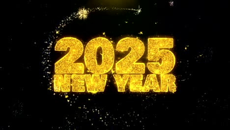2025 new year text wish on gold particles fireworks display.
