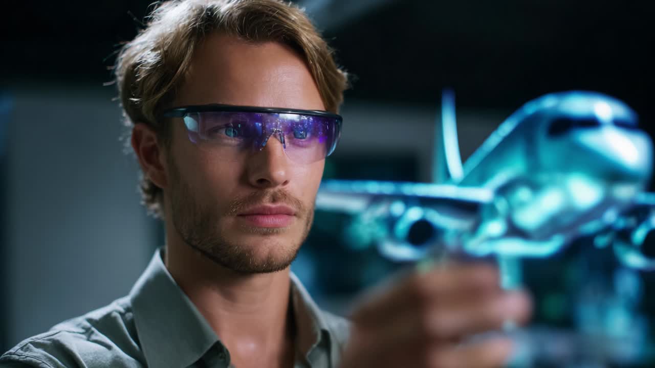 A focused individual showcasing augmented reality technology while examining a holographic airplane model, representing innovation in aviation and engineering through advanced visual representation and design
