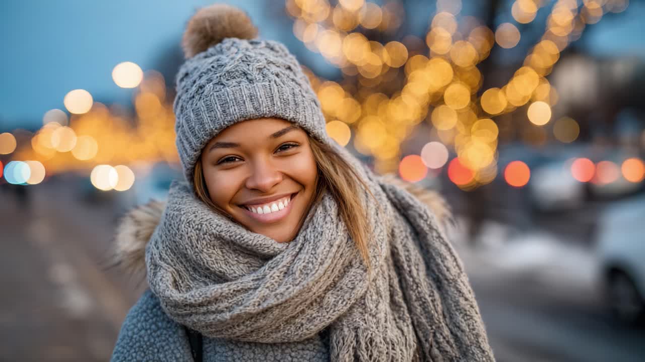 A Joyful Woman in Winter Attire Smiles Brightly Amidst a Scenic Background of Blurred Holiday Lights, Showcasing the Essence of Winter Cheer and Warmth