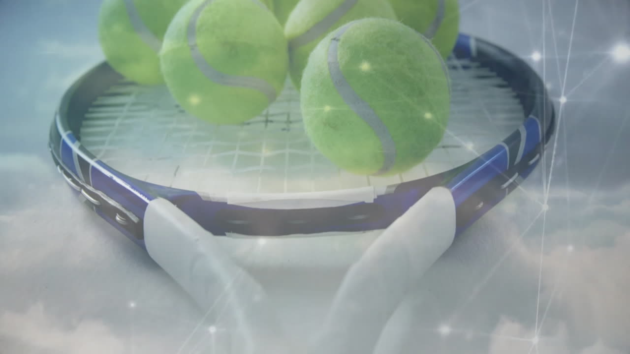 Tennis racket head displaying green balls floating above strings with glowing network lines overlay