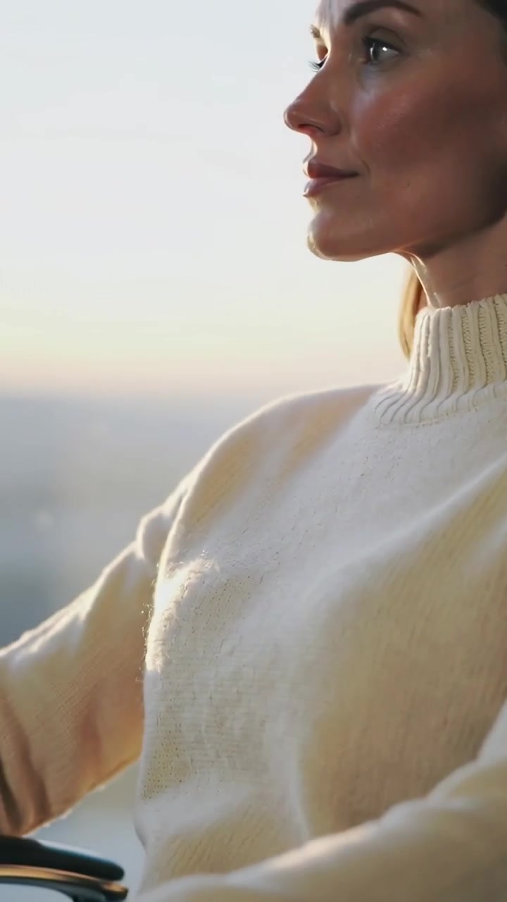 Video vertical: Mujer con suéter crema entra, se apoya en el reposabrazos y contempla el horizonte por la ventana.