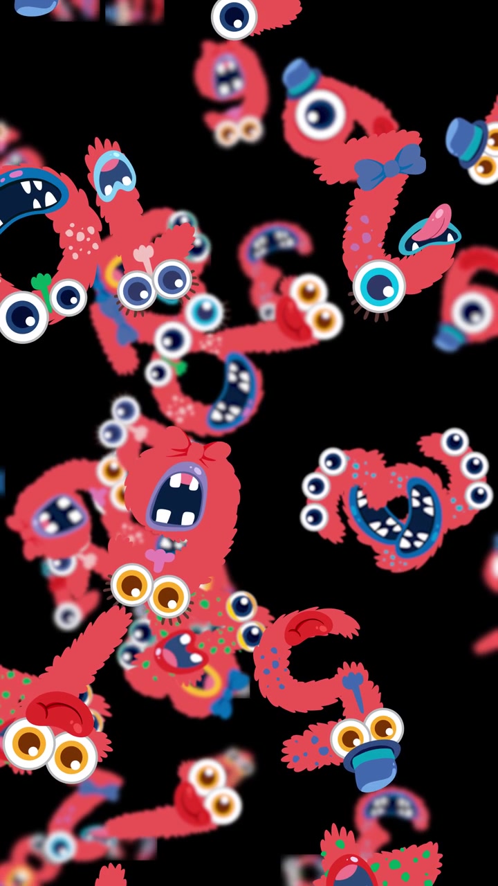 Colorful monsters dance playfully against a black backdrop, creating a lively and dynamic visual experience