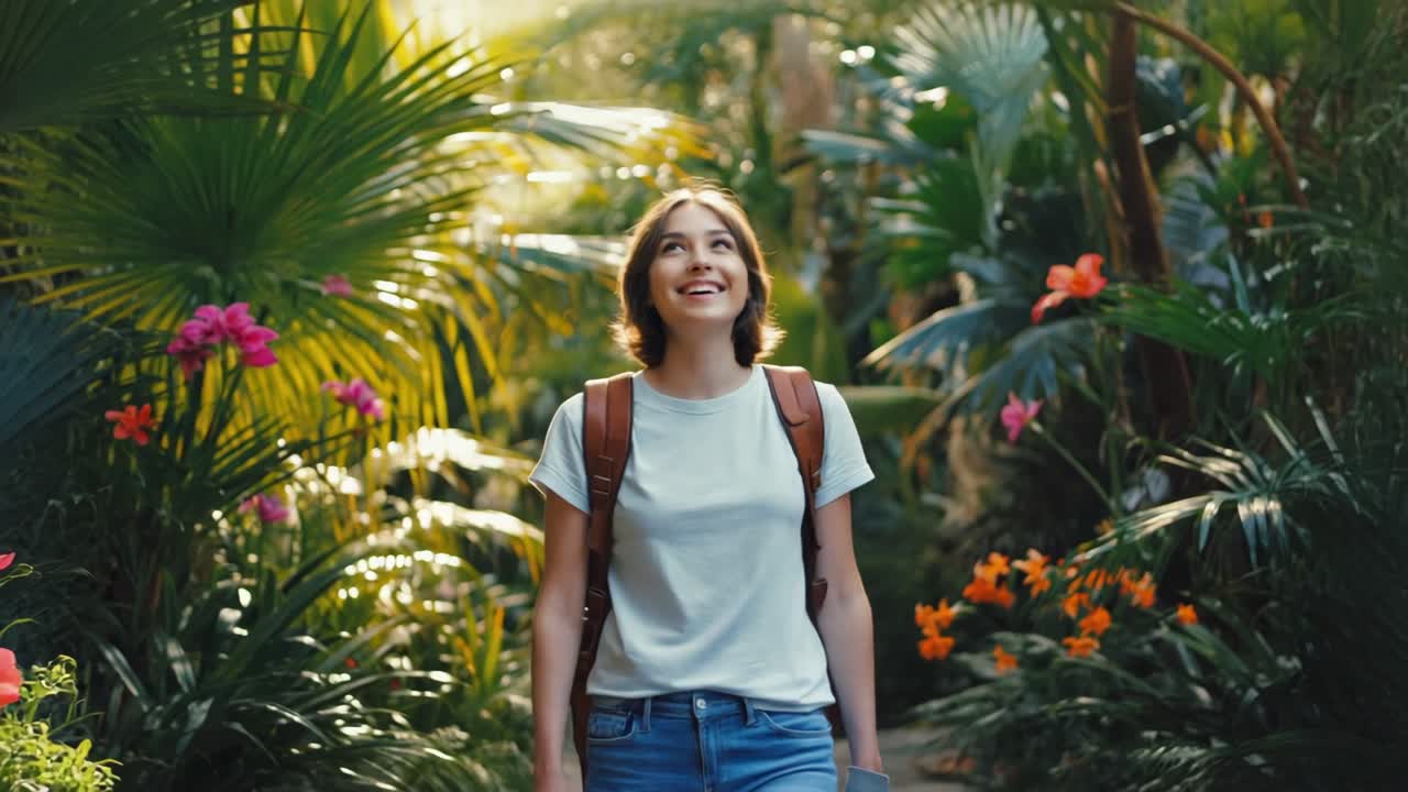 Female tourist wandering through verdant greenhouse, experiencing tropical plants and vibrant flora, feeling serene and joyful while exploring botanical garden with sense of relaxation and wonder