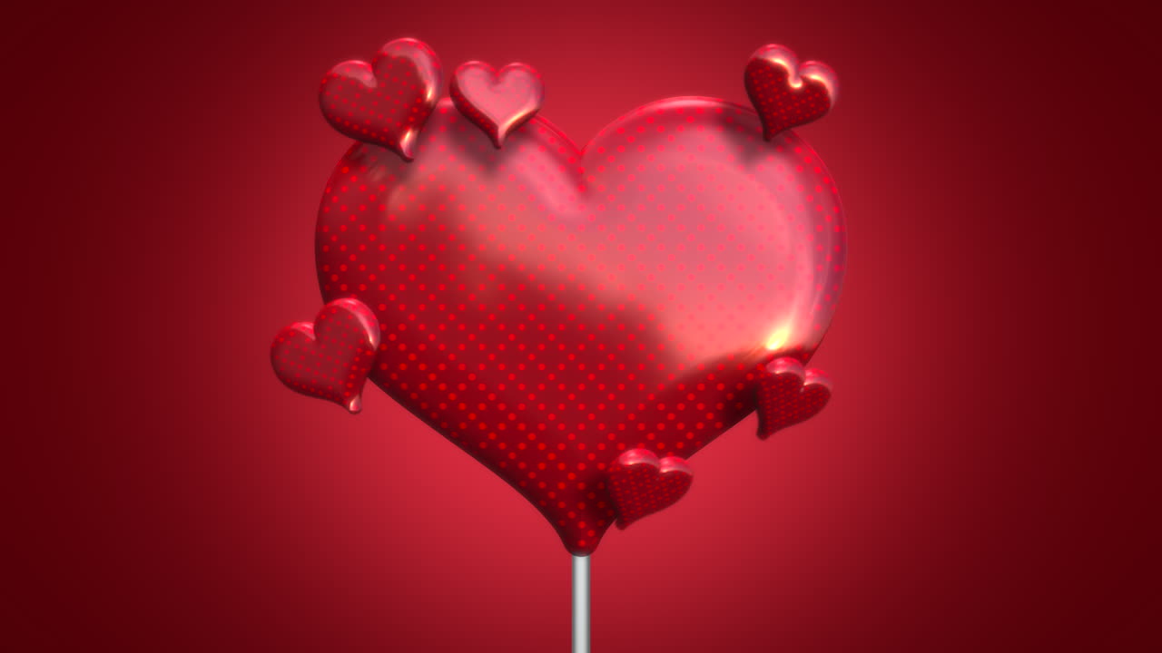 Animazione in primo piano: grande cuore romantico e piccoli cuori su sfondo rosso lucido per San Valentino 1