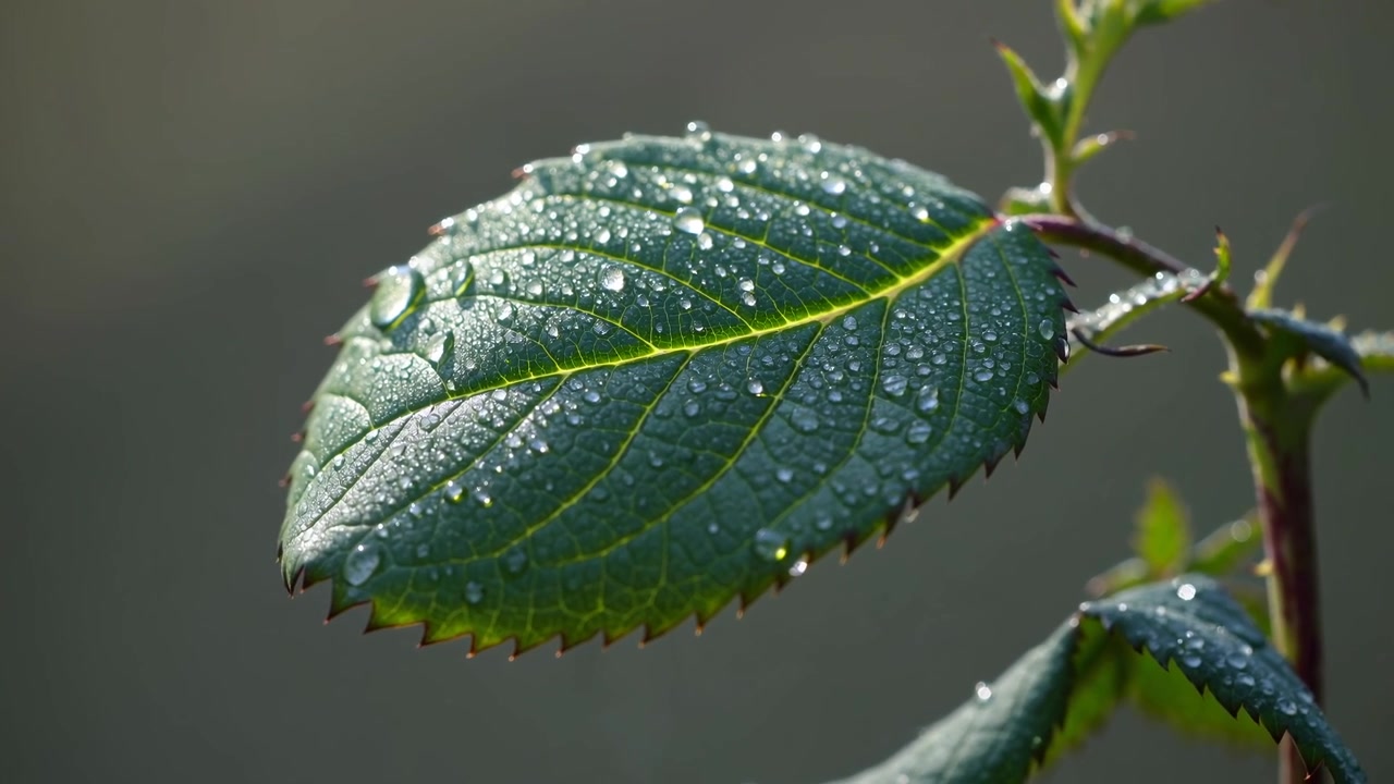 Close-up of Green Rose Leaf Covered in Morning Dew