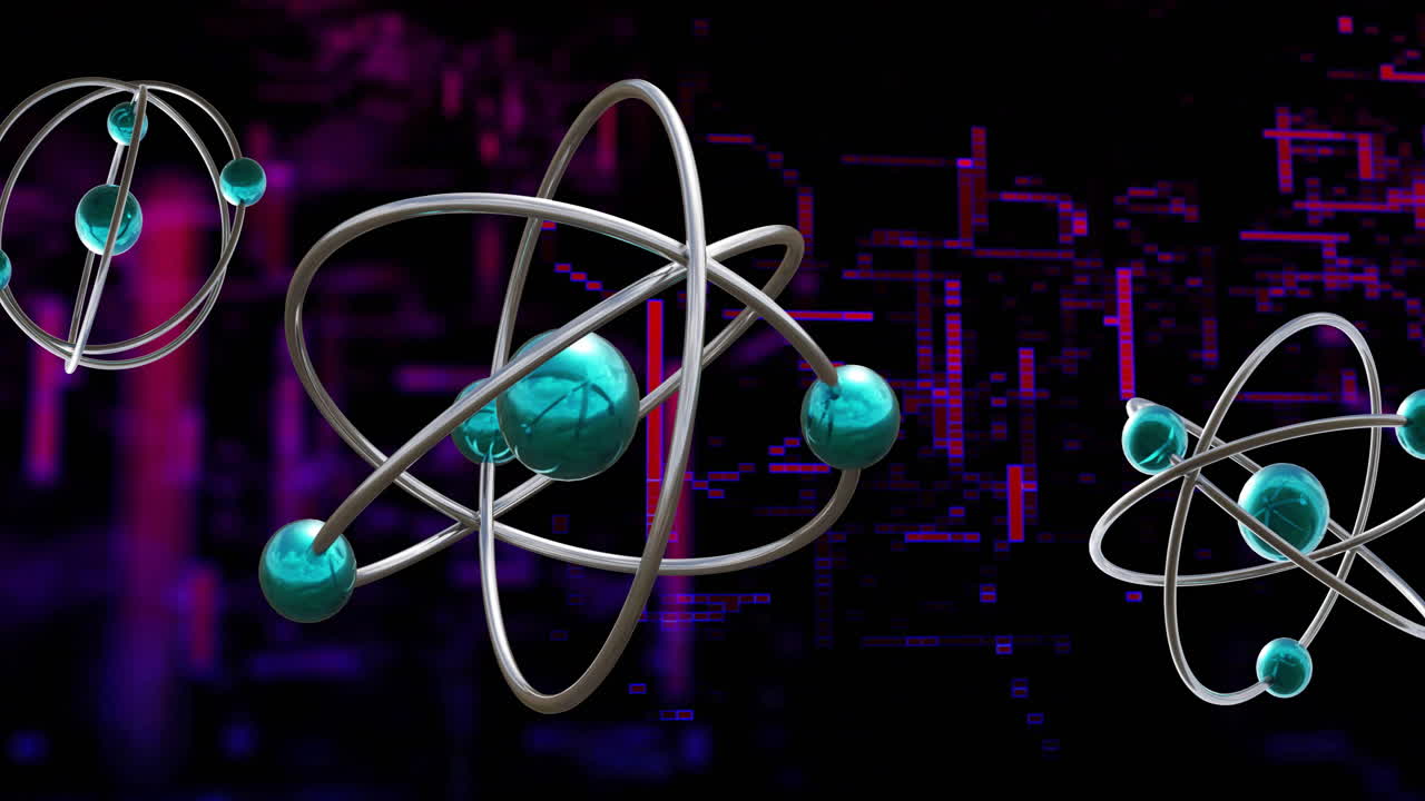 Animation of 3d model of atoms and dynamic line pattern over black background