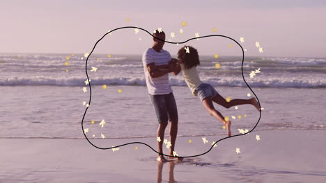 man spinning child on beach with playful animation of stars and shapes