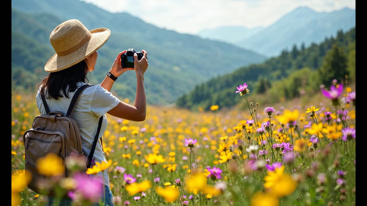 Woman Taking Pictures in a Beautiful Flower Field