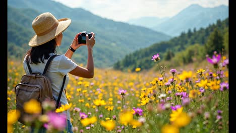 woman taking pictures in a beautiful flower field