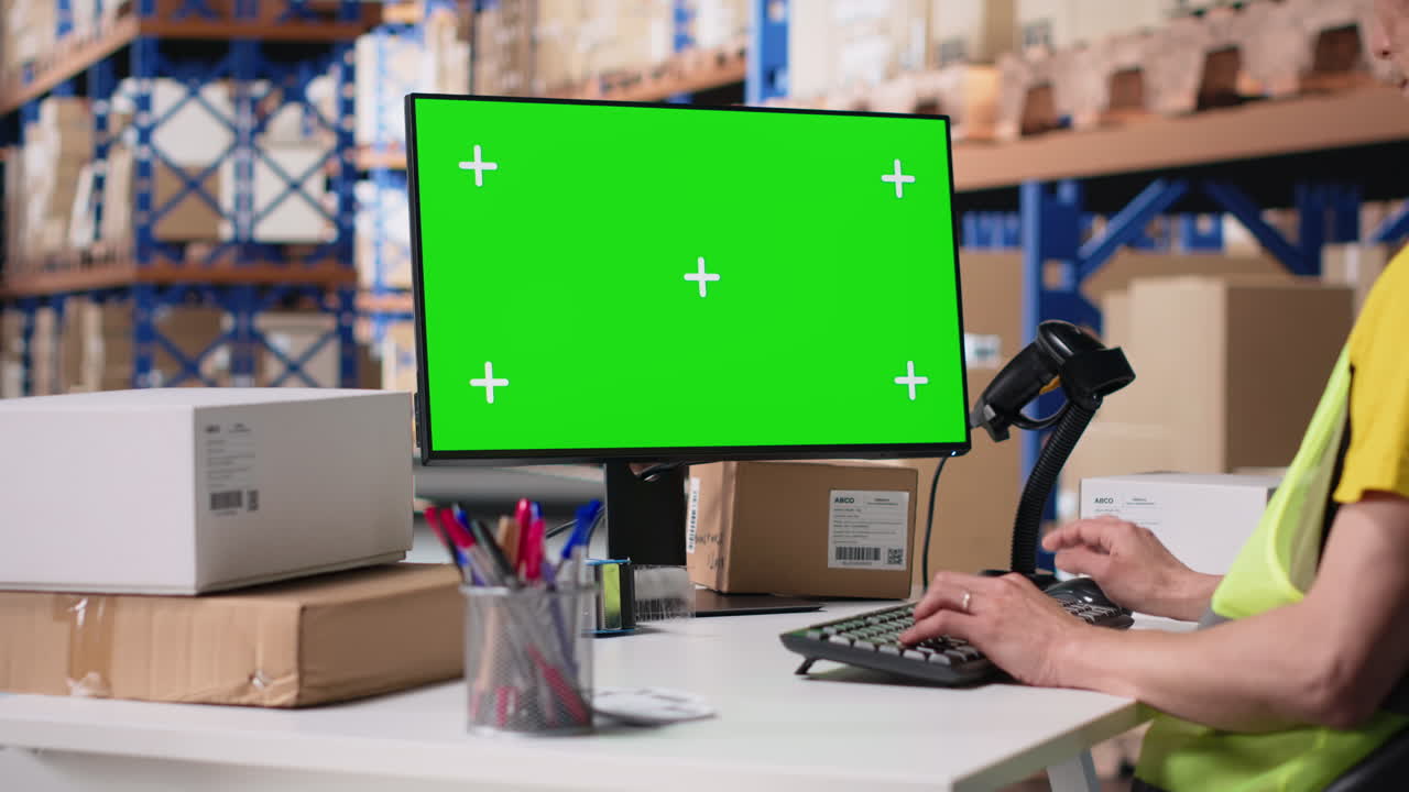 Asian employee uses a isolated mockup screen on computer monitor