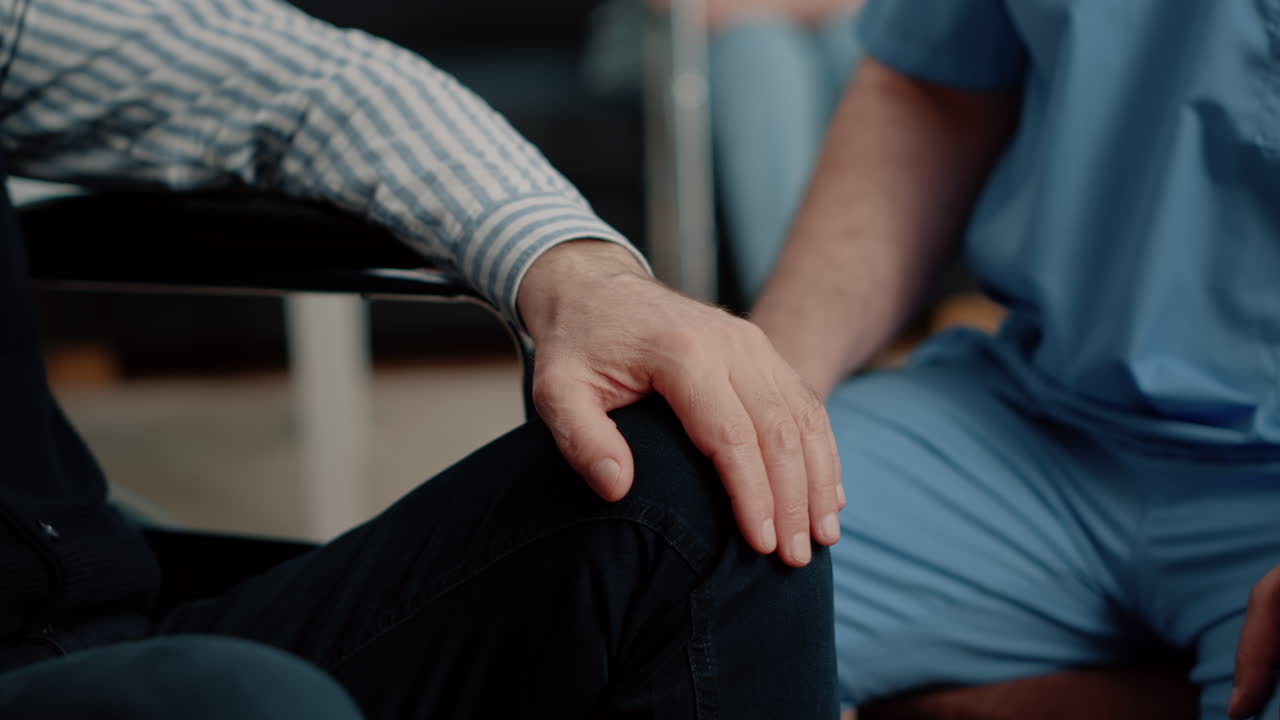 Close up of hands of senior patient and medical assistant
