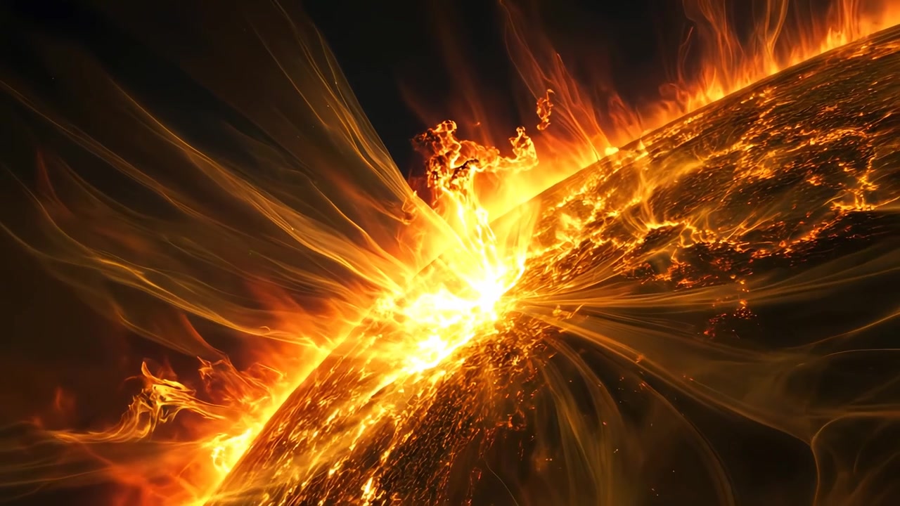 Animazione astratta di un sole splendente con eruzioni solari