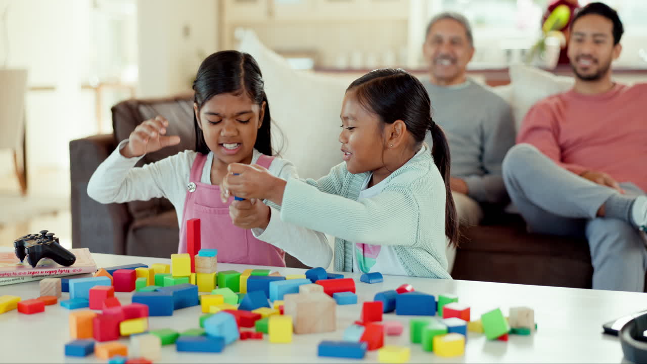 Girl kids, table and building blocks with play
