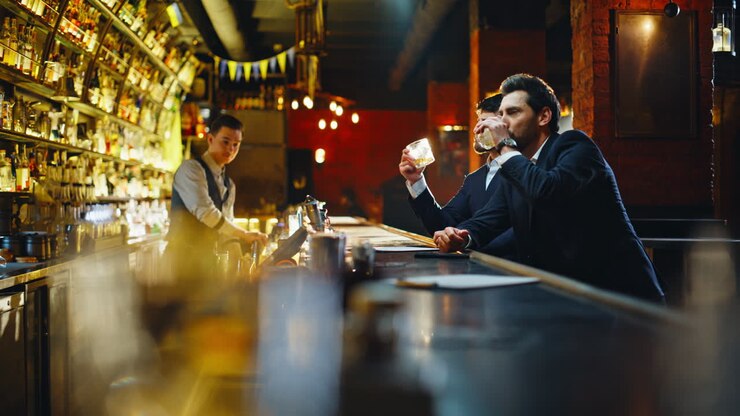 Ospiti serali che si rilassano vicino al bancone bar. Uomini eleganti che discutono di bevande