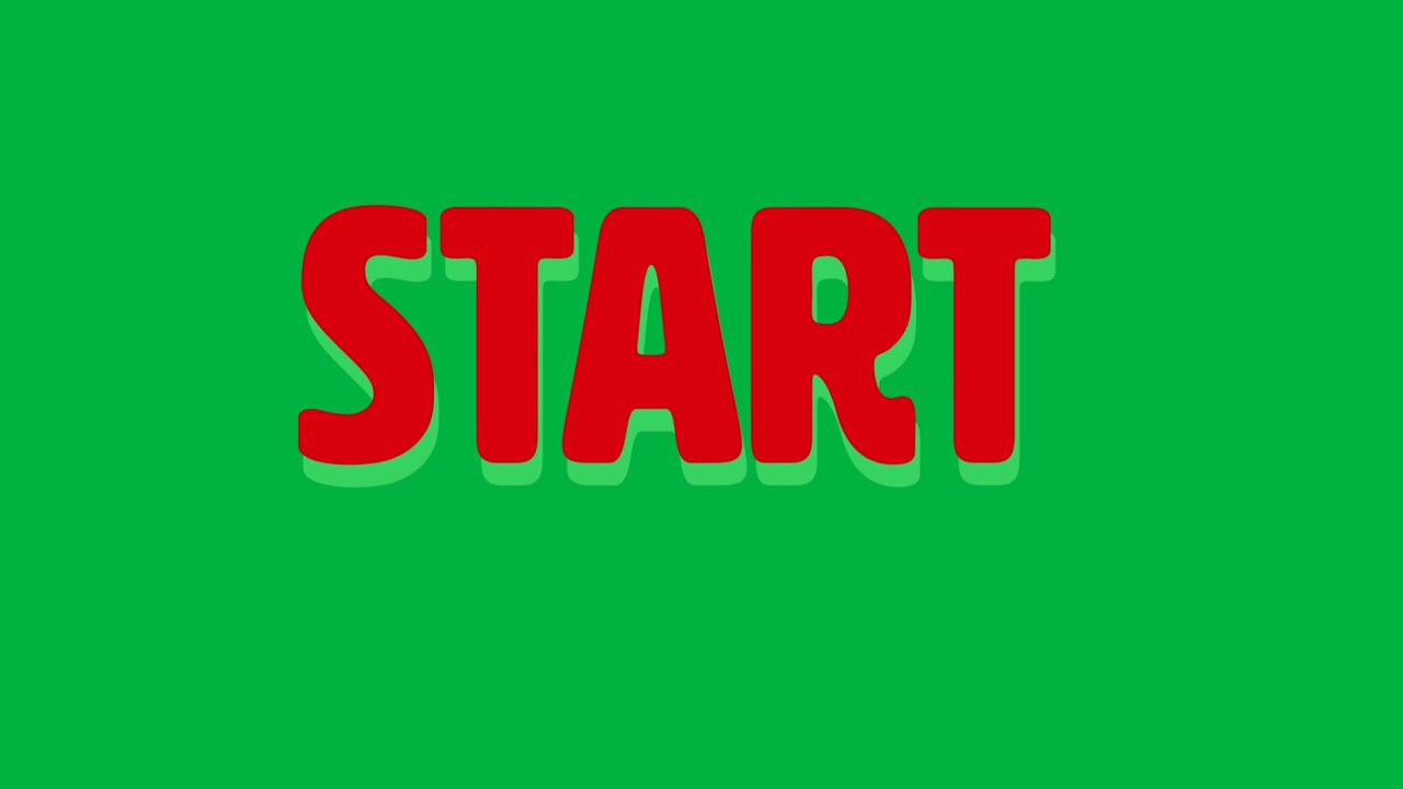 Animation of start text in red and green letters with abstract shapes on white background