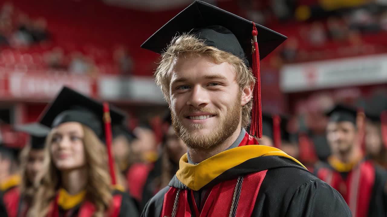 Momenti salienti della cerimonia di laurea: un laureato fiducioso celebra il successo tra i colleghi laureati con tocco e toga in un vivace auditorium