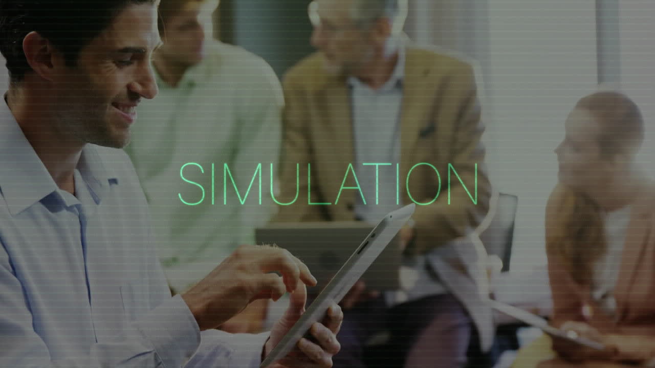 Using tablet, business professionals discussing animation project in office setting