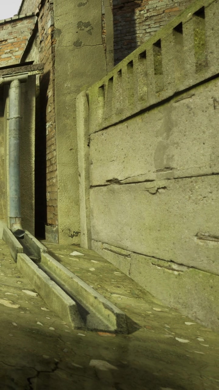 Vecchio vicolo urbano con pluviale e muro di cemento vicino a un edificio in mattoni.